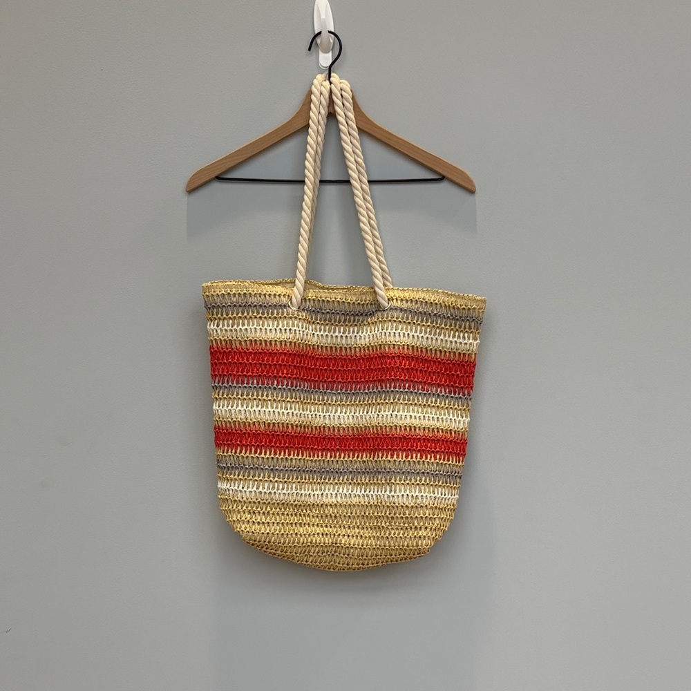 Striped Woven Tote Bag - Red and Tan